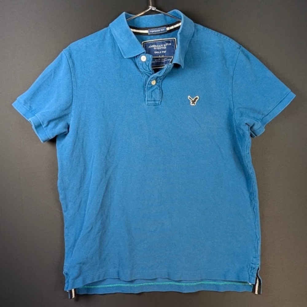 Y2K American Eagle Polo Shirt Mens L Teal Blue‎ Thick Pique Cotton Vintage Fit